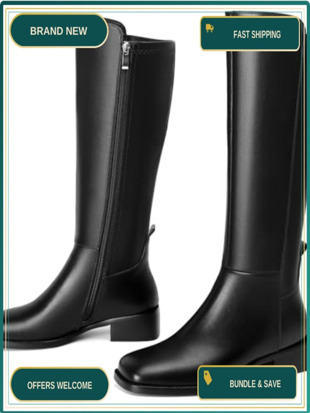 Women's Knee-High Riding Boots Wide Calf Square Toe Low Heel Side Zipper Faux
